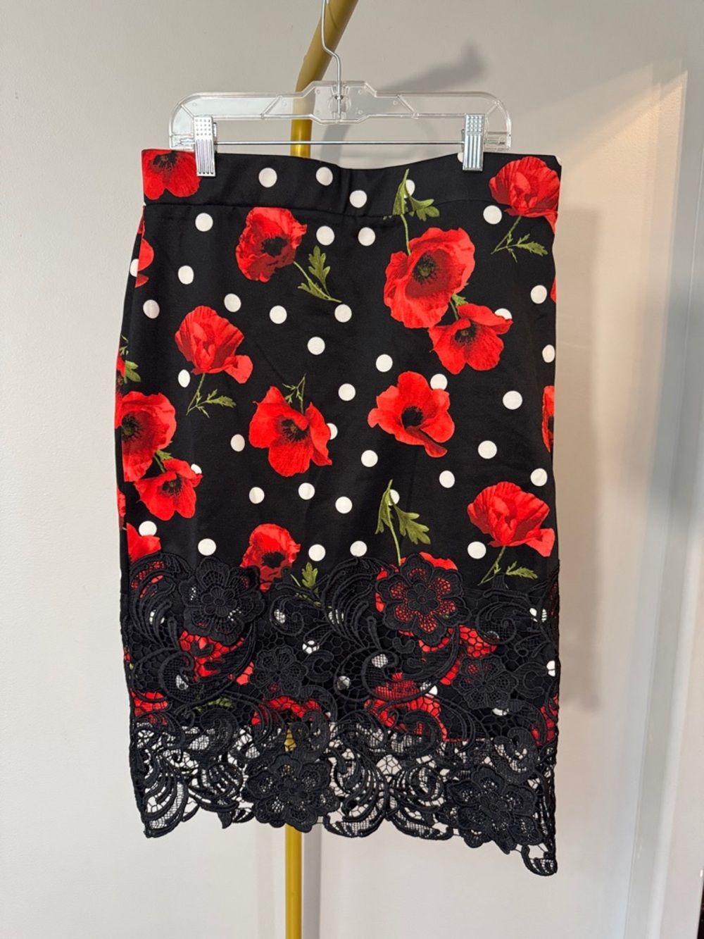 Olivia Blu Black Pencil Skirt Red Floral Print, White Polka Dots & Crochet Hem